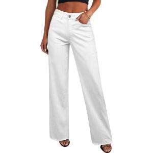 imagePRETTYGARDEN Wide Leg Jeans for Women Trendy 2025 High Waisted Stretchy Baggy Raw Hem Denim Palazzo Pants with PocketsWhite