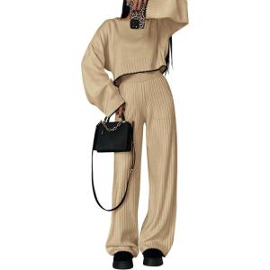 imagePRETTYGARDEN Womens 2 Piece Fall Outfits Long Sleeve Crop Top Wide Leg Pants Knit Pullover Sweater Lounge SetKhaki