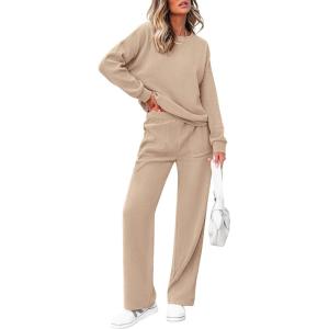imagePRETTYGARDEN Womens 2 Piece Outfits 2024 Winter Fashion Tracksuits Long Sleeve Pullover Tops Straight Leg Pants Lounge SetsBeige