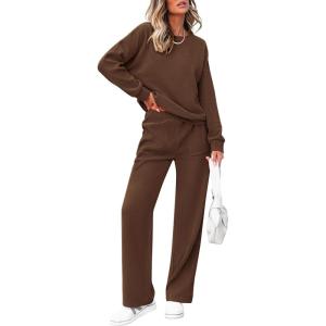 imagePRETTYGARDEN Womens 2 Piece Outfits 2024 Winter Fashion Tracksuits Long Sleeve Pullover Tops Straight Leg Pants Lounge SetsBrown