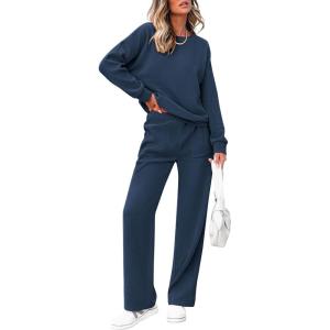 imagePRETTYGARDEN Womens 2 Piece Outfits 2024 Winter Fashion Tracksuits Long Sleeve Pullover Tops Straight Leg Pants Lounge SetsDark Blue