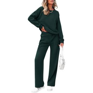 imagePRETTYGARDEN Womens 2 Piece Outfits 2024 Winter Fashion Tracksuits Long Sleeve Pullover Tops Straight Leg Pants Lounge SetsDark Green