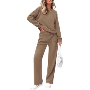 imagePRETTYGARDEN Womens 2 Piece Outfits 2024 Winter Fashion Tracksuits Long Sleeve Pullover Tops Straight Leg Pants Lounge SetsKhaki