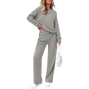 imagePRETTYGARDEN Womens 2 Piece Outfits 2024 Winter Fashion Tracksuits Long Sleeve Pullover Tops Straight Leg Pants Lounge SetsLight Grey