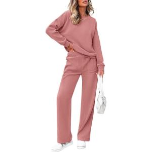 imagePRETTYGARDEN Womens 2 Piece Outfits 2024 Winter Fashion Tracksuits Long Sleeve Pullover Tops Straight Leg Pants Lounge SetsPink