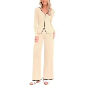 imagePRETTYGARDEN Womens 2 Piece Outfits 2024 Winter Knit Lounge Sets Long Sleeve Buttons Sweater Tops Wide Leg Pants TracksuitsBeige