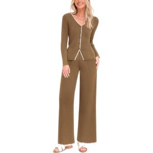 imagePRETTYGARDEN Womens 2 Piece Outfits 2024 Winter Knit Lounge Sets Long Sleeve Buttons Sweater Tops Wide Leg Pants TracksuitsCamel