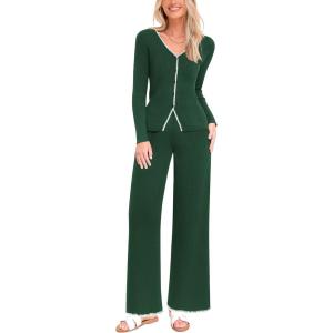 imagePRETTYGARDEN Womens 2 Piece Outfits 2024 Winter Knit Lounge Sets Long Sleeve Buttons Sweater Tops Wide Leg Pants TracksuitsDark Green