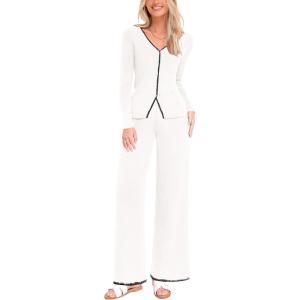 imagePRETTYGARDEN Womens 2 Piece Outfits 2024 Winter Knit Lounge Sets Long Sleeve Buttons Sweater Tops Wide Leg Pants TracksuitsWhite