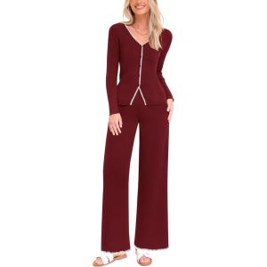imagePRETTYGARDEN Womens 2 Piece Outfits 2024 Winter Knit Lounge Sets Long Sleeve Buttons Sweater Tops Wide Leg Pants TracksuitsWine Red