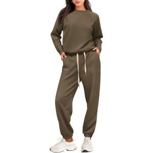 imagePRETTYGARDEN Womens 2 Piece Tracksuit Outfits Casual Long Sleeve Top High Waisted Sweatpants Lounge Jogger SetArmy Green