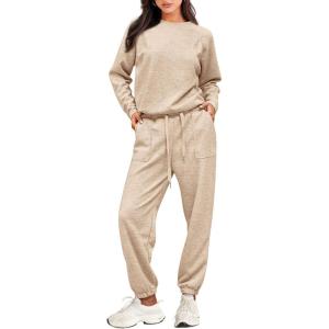 imagePRETTYGARDEN Womens 2 Piece Tracksuit Outfits Casual Long Sleeve Top High Waisted Sweatpants Lounge Jogger SetBeige
