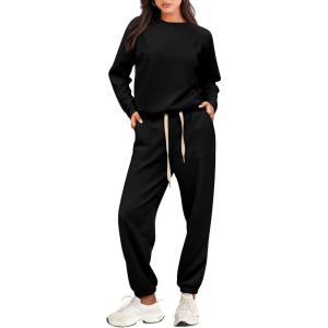 imagePRETTYGARDEN Womens 2 Piece Tracksuit Outfits Casual Long Sleeve Top High Waisted Sweatpants Lounge Jogger SetBlack