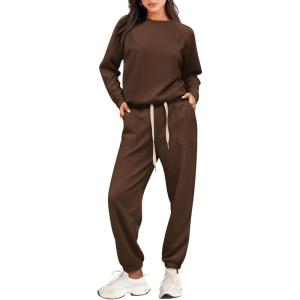 imagePRETTYGARDEN Womens 2 Piece Tracksuit Outfits Casual Long Sleeve Top High Waisted Sweatpants Lounge Jogger SetCoffee