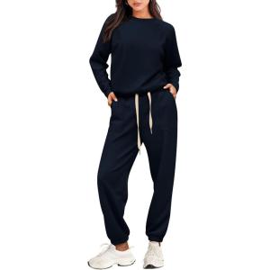 imagePRETTYGARDEN Womens 2 Piece Tracksuit Outfits Casual Long Sleeve Top High Waisted Sweatpants Lounge Jogger SetNavy