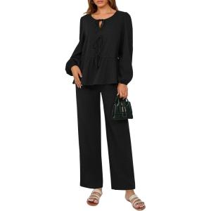 imagePRETTYGARDEN Womens 2025 Two Piece Outfits Tie Front Long Sleeve Top Wide Leg Pant Lounge Sets Cute Matching LoungewearBlack