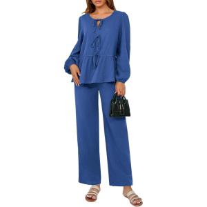 imagePRETTYGARDEN Womens 2025 Two Piece Outfits Tie Front Long Sleeve Top Wide Leg Pant Lounge Sets Cute Matching LoungewearBlue