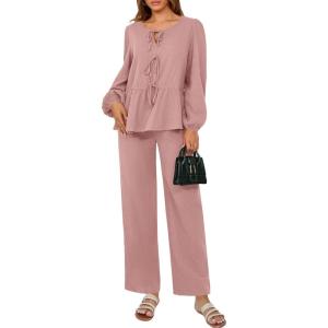 imagePRETTYGARDEN Womens 2025 Two Piece Outfits Tie Front Long Sleeve Top Wide Leg Pant Lounge Sets Cute Matching LoungewearDusty Pink