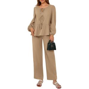 imagePRETTYGARDEN Womens 2025 Two Piece Outfits Tie Front Long Sleeve Top Wide Leg Pant Lounge Sets Cute Matching LoungewearKhaki