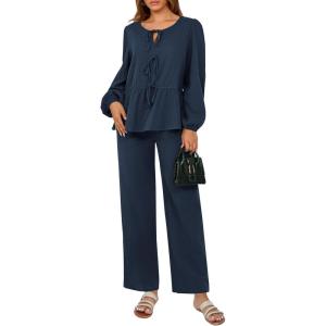imagePRETTYGARDEN Womens 2025 Two Piece Outfits Tie Front Long Sleeve Top Wide Leg Pant Lounge Sets Cute Matching LoungewearNavy