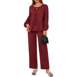 imagePRETTYGARDEN Womens 2025 Two Piece Outfits Tie Front Long Sleeve Top Wide Leg Pant Lounge Sets Cute Matching LoungewearWine Red
