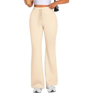 imagePRETTYGARDEN Womens Casual Flare Pants Elastic High Waisted Drawstring Bell Bottom Bootcut Leggings Lounge SweatpantsBeige