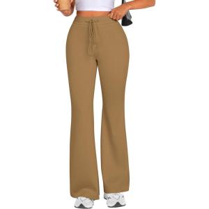 imagePRETTYGARDEN Womens Casual Flare Pants Elastic High Waisted Drawstring Bell Bottom Bootcut Leggings Lounge SweatpantsKhaki