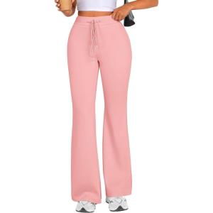 imagePRETTYGARDEN Womens Casual Flare Pants Elastic High Waisted Drawstring Bell Bottom Bootcut Leggings Lounge SweatpantsPink