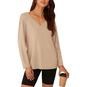 imagePRETTYGARDEN Womens Fall Fashion 2024 T Shirts Casual Long Sleeve V Neck Tunic Tops Loose Basic BlousesApricot