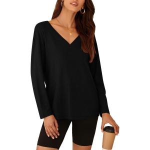 imagePRETTYGARDEN Womens Fall Fashion 2024 T Shirts Casual Long Sleeve V Neck Tunic Tops Loose Basic BlousesBlack