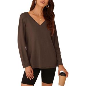 imagePRETTYGARDEN Womens Fall Fashion 2024 T Shirts Casual Long Sleeve V Neck Tunic Tops Loose Basic BlousesCoffee