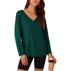 imagePRETTYGARDEN Womens Fall Fashion 2024 T Shirts Casual Long Sleeve V Neck Tunic Tops Loose Basic BlousesDark Green