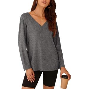 imagePRETTYGARDEN Womens Fall Fashion 2024 T Shirts Casual Long Sleeve V Neck Tunic Tops Loose Basic BlousesDark Grey