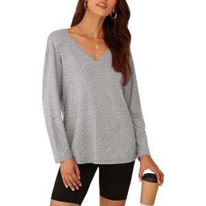 imagePRETTYGARDEN Womens Fall Fashion 2024 T Shirts Casual Long Sleeve V Neck Tunic Tops Loose Basic BlousesGrey