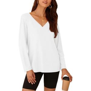 imagePRETTYGARDEN Womens Fall Fashion 2024 T Shirts Casual Long Sleeve V Neck Tunic Tops Loose Basic BlousesWhite