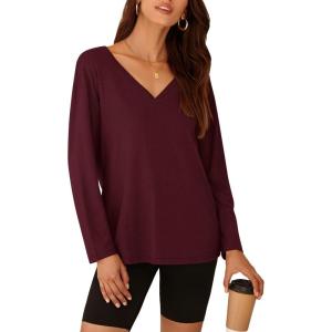 imagePRETTYGARDEN Womens Fall Fashion 2024 T Shirts Casual Long Sleeve V Neck Tunic Tops Loose Basic BlousesWine Red