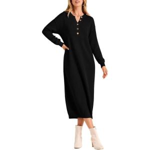 imagePRETTYGARDEN Womens Fall Knit Sweater Dress Long Sleeve Button V Neck Loose Casual Maxi DressesBlack