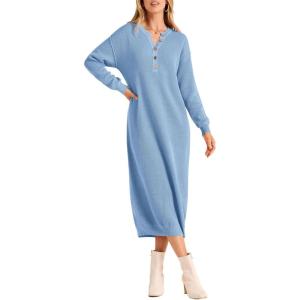 imagePRETTYGARDEN Womens Fall Knit Sweater Dress Long Sleeve Button V Neck Loose Casual Maxi DressesLight Blue