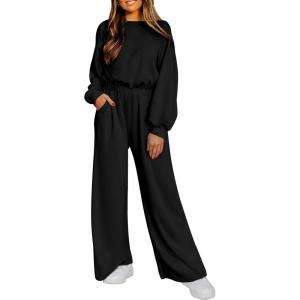 imagePRETTYGARDEN Womens Fall One Piece Jumpsuits Dressy Casual Long Sleeve Elastic Waist Pockets Wide Leg Long Pants RompersBlack
