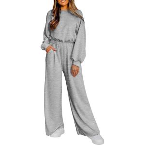 imagePRETTYGARDEN Womens Fall One Piece Jumpsuits Dressy Casual Long Sleeve Elastic Waist Pockets Wide Leg Long Pants RompersGrey