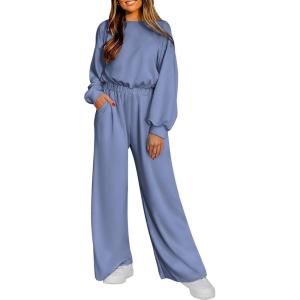 imagePRETTYGARDEN Womens Fall One Piece Jumpsuits Dressy Casual Long Sleeve Elastic Waist Pockets Wide Leg Long Pants RompersGrey Blue