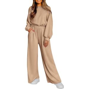 imagePRETTYGARDEN Womens Fall One Piece Jumpsuits Dressy Casual Long Sleeve Elastic Waist Pockets Wide Leg Long Pants RompersKhaki