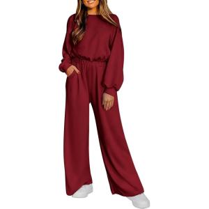 imagePRETTYGARDEN Womens Fall One Piece Jumpsuits Dressy Casual Long Sleeve Elastic Waist Pockets Wide Leg Long Pants RompersWine Red