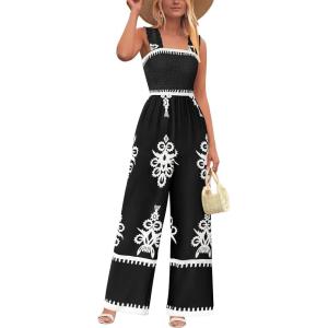 imagePRETTYGARDEN Womens Jumpsuit Casual One Piece Boho Summer Outfits Shirred Strap Wide Leg Long Pants Rompers With PocketsBlack White Flower