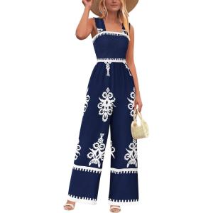 imagePRETTYGARDEN Womens Jumpsuit Casual One Piece Boho Summer Outfits Shirred Strap Wide Leg Long Pants Rompers With PocketsNavy White Flower