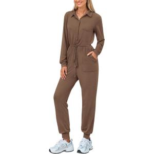 imagePRETTYGARDEN Womens Jumpsuits Fall Long Sleeve Rompers One Piece Outfits For Women 2024 Button up Lounge WearKhaki