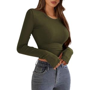 imagePRETTYGARDEN Womens Long Sleeve Crop Tops Y2K Spring Fall Fashion Clothes Basic Slim Fit Tee Shirts BlouseArmy Green