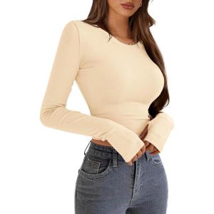 imagePRETTYGARDEN Womens Long Sleeve Crop Tops Y2K Spring Fall Fashion Clothes Basic Slim Fit Tee Shirts BlouseBeige