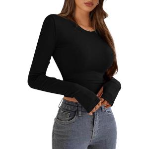 imagePRETTYGARDEN Womens Long Sleeve Crop Tops Y2K Spring Fall Fashion Clothes Basic Slim Fit Tee Shirts BlouseBlack