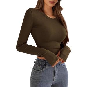 imagePRETTYGARDEN Womens Long Sleeve Crop Tops Y2K Spring Fall Fashion Clothes Basic Slim Fit Tee Shirts BlouseDark Brown